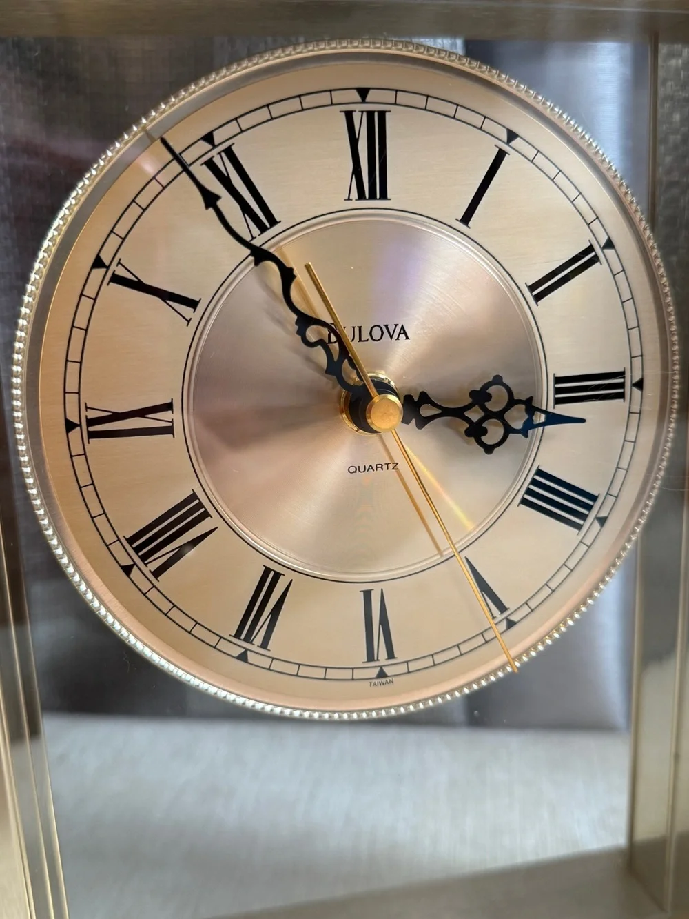 Bulova Gold Tone Glass Mantel Clock with Roman Dial